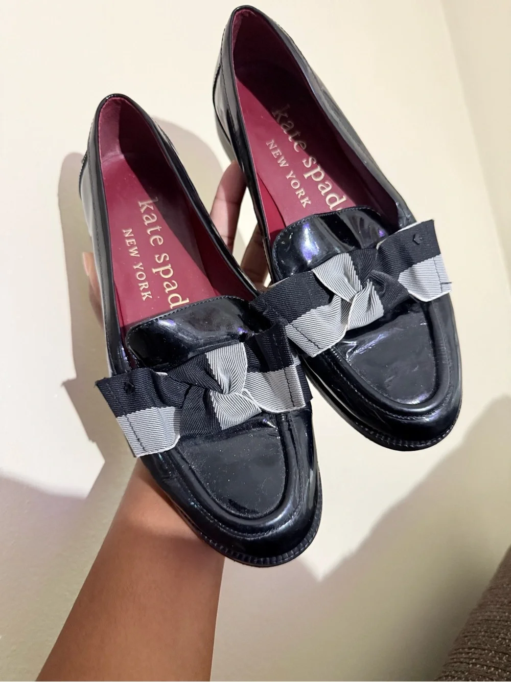 kate spade Black Patent Loafers with Black-and-Gray Grosgrain Bow